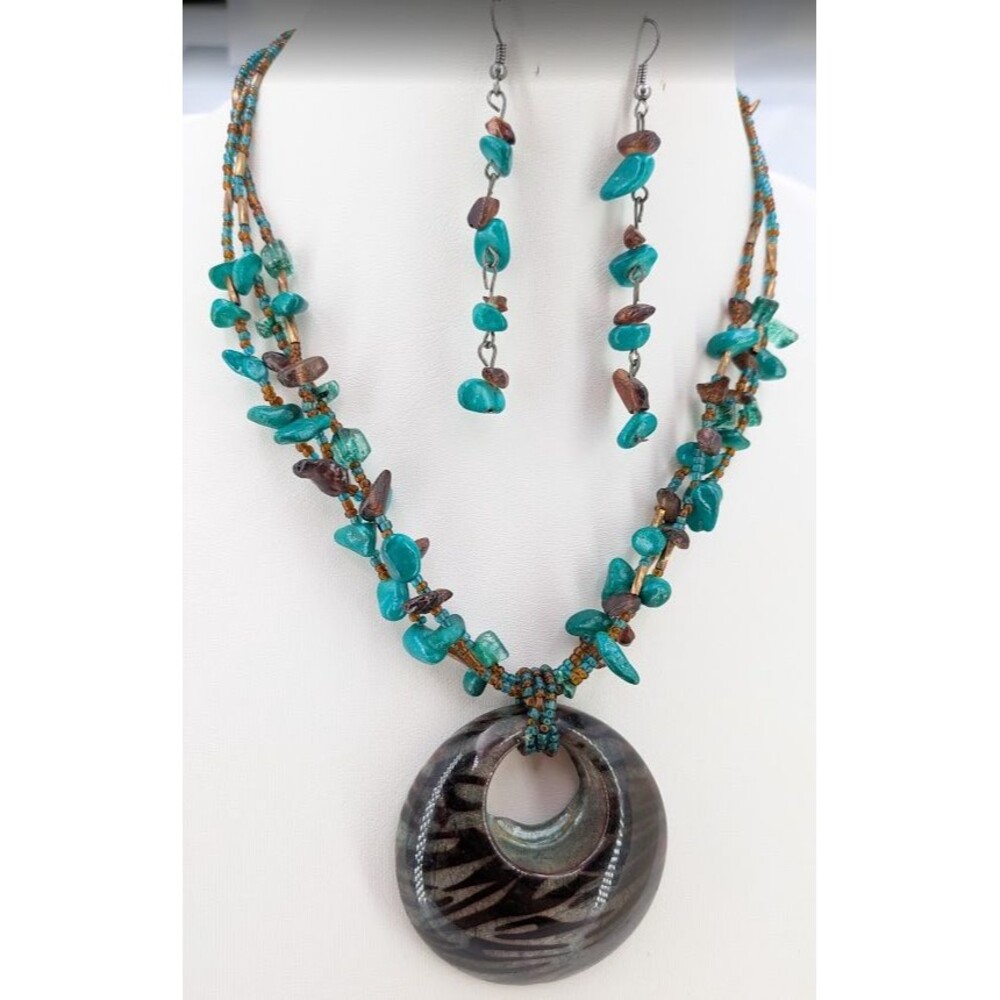CG Jewelry Set Necklace Earrings Turquoise Blue Brown Acrylic Pendant 19in 2pc